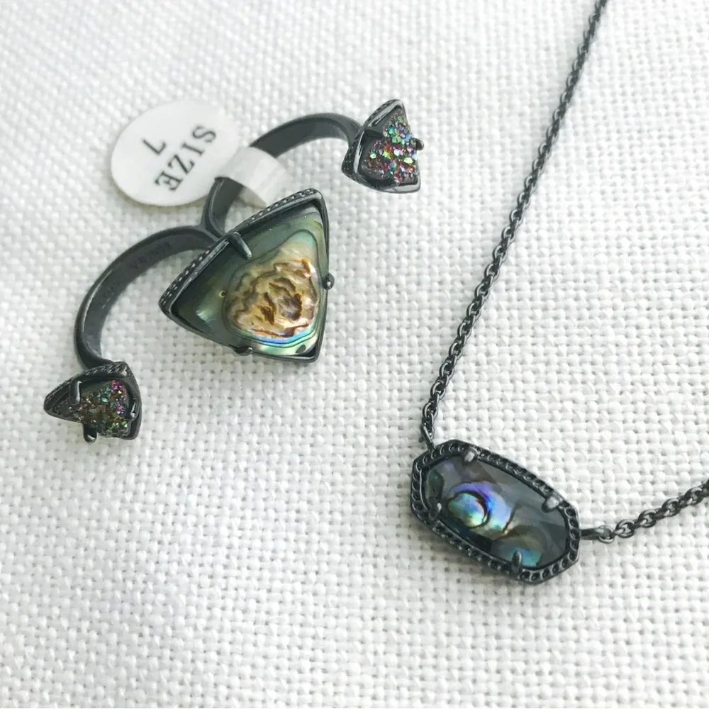 NWT Set KENDRA SCOTT Elsie Necklace & Rachel Double Ring Abalone Druzy Gunmetal